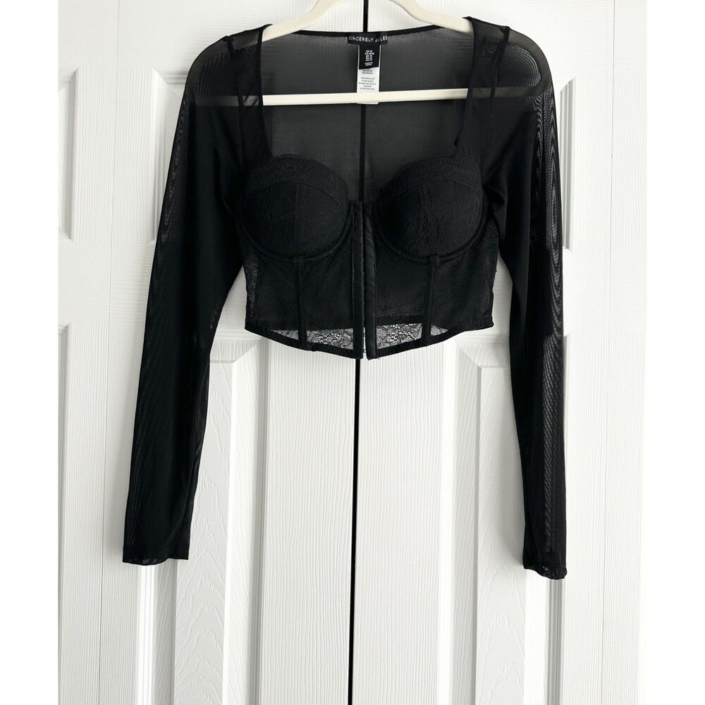 Sincerely Jules Junior's Lace Corset Top Size M Black Long Sheer Sleeves